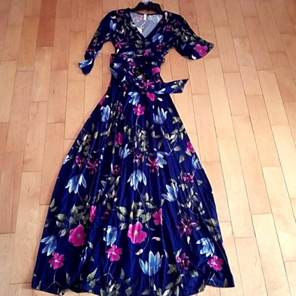 Navy Long Maxi 3/4 Sleeve Wrap Dress